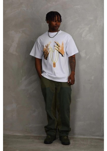 Unisex Baskılı Oversize T-Shirt - Beyaz modelleri