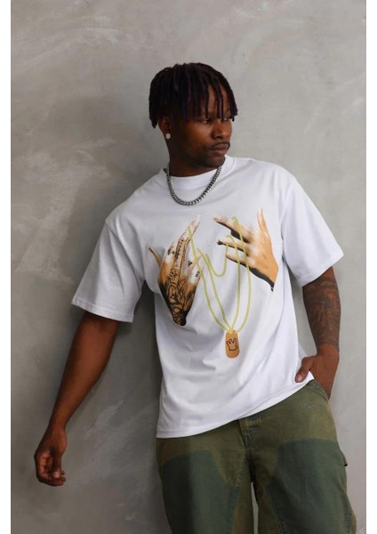Unisex Baskılı Oversize T-Shirt - Beyaz indirimleri