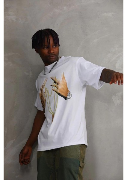 Unisex Baskılı Oversize T-Shirt - Beyaz