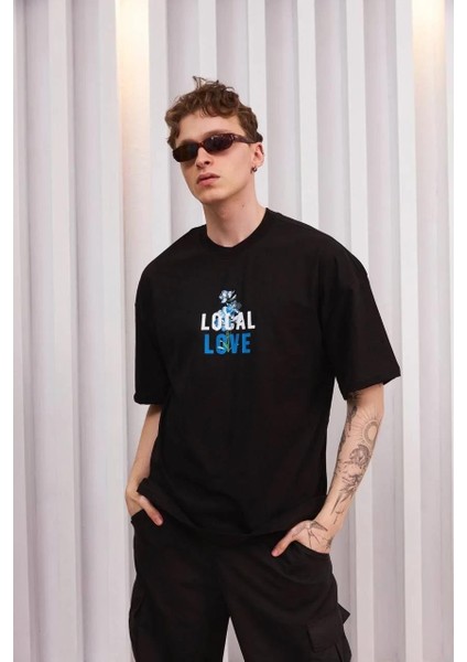 Unisex Bisiklet Yaka Baskılı Oversize T-Shirt - Siyah