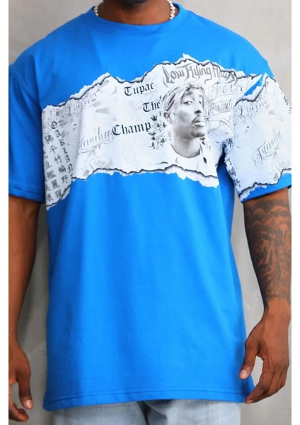 Unisex Bisiklet Yaka Baskılı Oversize T-Shirt - Mavi