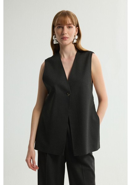 V Yaka Önü Düğmeli Yelek C.antrasit 179L8868002