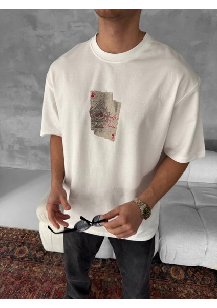 Ön ve Arka Baskılı Oversize Bisiklet Yaka T-Shirt - Beyaz