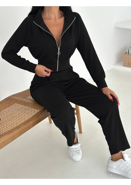 Beli Pensli Fermuarlı Şık Eşofman Takımı / Zip Detail Pleated Waist Elegant Tracksuit Set