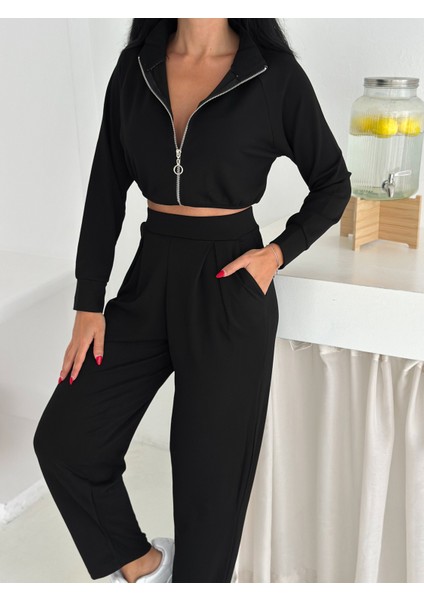 Beli Pensli Fermuarlı Şık Eşofman Takımı / Zip Detail Pleated Waist Elegant Tracksuit Set fırsatları