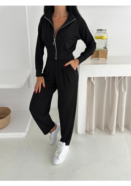 Beli Pensli Fermuarlı Şık Eşofman Takımı / Zip Detail Pleated Waist Elegant Tracksuit Set