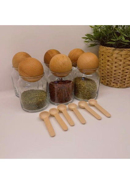 6'lı 300 ml Top Kapaklı Kavanoz Seti Baharatlı Kavanozu (Altı Adet Kaşık Hediye)