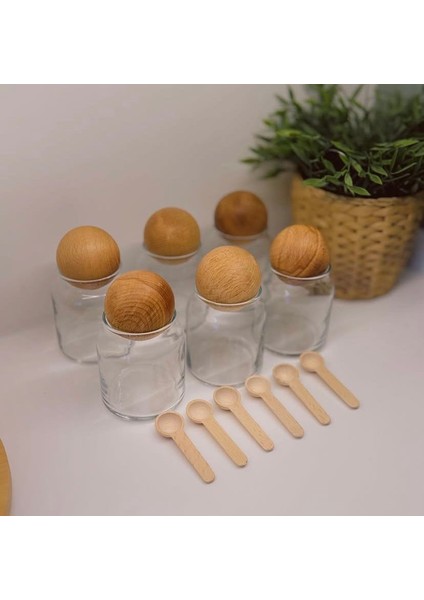 6'lı 300 ml Top Kapaklı Kavanoz Seti Baharatlı Kavanozu (Altı Adet Kaşık Hediye) indirimleri