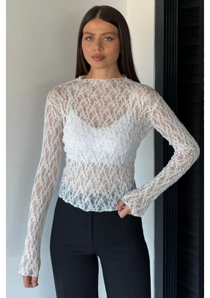 Kadın Dik Yaka Likralı Transparan Bluz P-00019006
