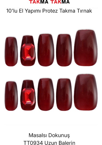 10'lu Kırmızı Uzun Balerin TT0934 Tekrar Kullanılabilir El Yapımı Protez Takma Tırnak - Kırmızı-XS