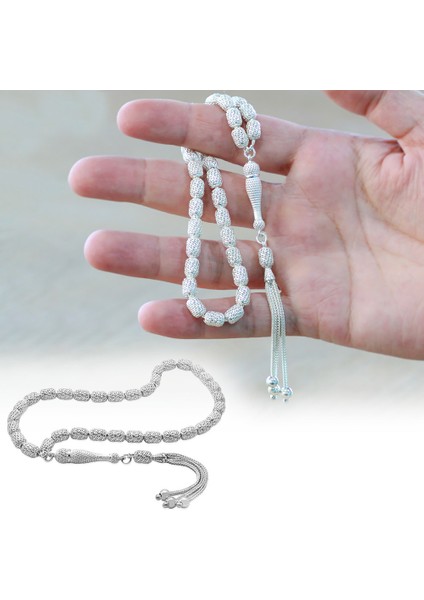 Üçlü Kamçı Püsküllü Telkari Tasarım Kapsül Kesim Gümüş Renk 925 Ayar Gümüş Tesbih fiyatları