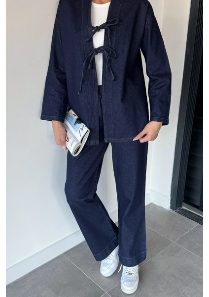 Kadın Ön Bağlamalı Ceket Pantolon Jean Kot Ikili Takım P-00018993