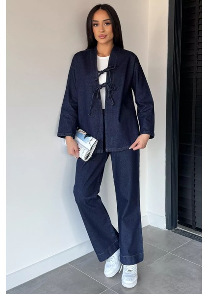 Kadın Ön Bağlamalı Ceket Pantolon Jean Kot Ikili Takım P-00018993 modelleri