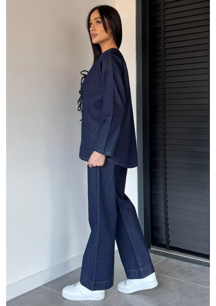 Kadın Ön Bağlamalı Ceket Pantolon Jean Kot Ikili Takım P-00018993 fırsatları