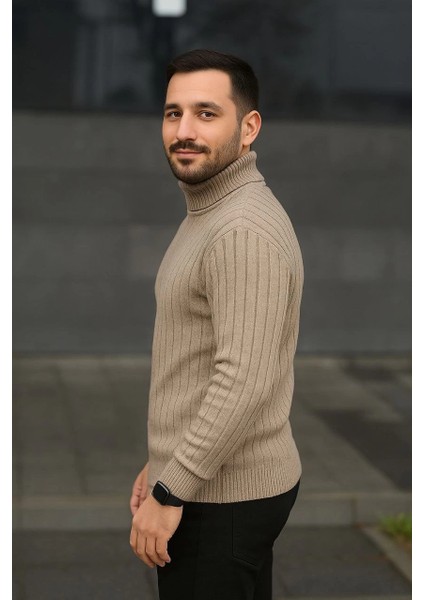 Erkek Balıkcı Yaka Bağazlı Triko Kazak Pamuklu Kalın Fitilli Dokuma, Regular Fit Uzun Kollu Kışlık Model - Bej fiyatları
