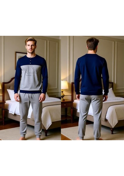 Erkek Pamuklu Lacivert - Gri Renk Pijama Takımı AL008