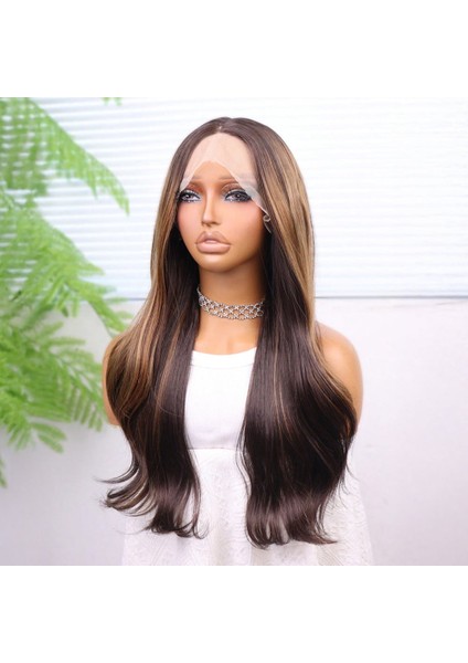 Kahve Karamel Işıltılı Düz Fiber Sentetik Tül Peruk modelleri