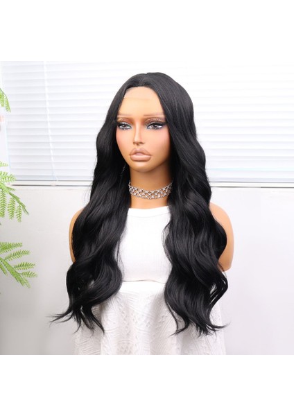 Uzun Siyah Su Dalgalı Fiber Sentetik Tül Peruk fırsatları