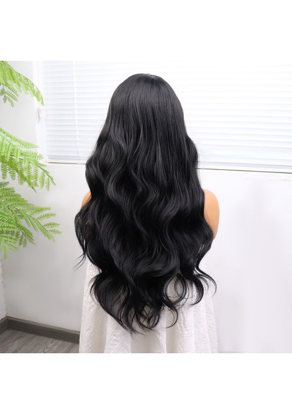Uzun Siyah Su Dalgalı Fiber Sentetik Tül Peruk indirimleri