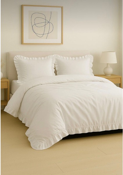 Beyaz Fırfırlı %100 Pamuk Çift Kişilik Nevresim Takımı