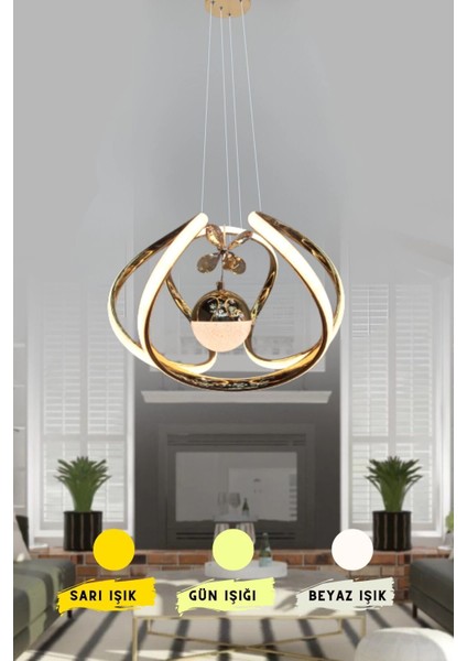 Modern Taşlı Toplu Bronz Ledli Avize