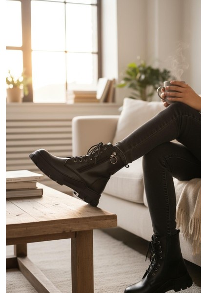 H&manc Hakiki Deri Siyah Fermuarlı & Bağcıklı Kadın Bot VK_0002