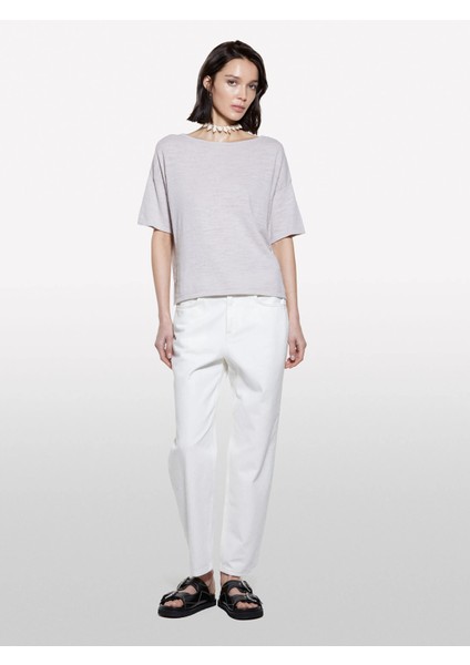 Keten Karışımlı Bisiklet Yaka Oversize T-Shirt Kadın Gri T-Shirt - 325P105GM106H