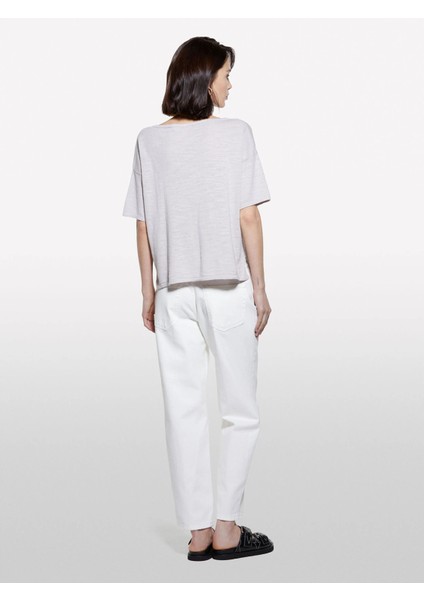 Keten Karışımlı Bisiklet Yaka Oversize T-Shirt Kadın Gri T-Shirt - 325P105GM106H modelleri