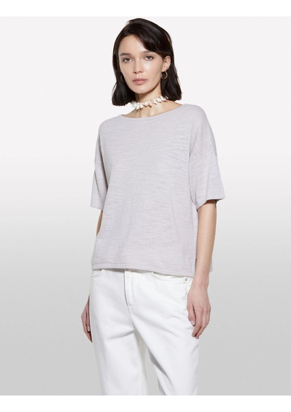 Keten Karışımlı Bisiklet Yaka Oversize T-Shirt Kadın Gri T-Shirt - 325P105GM106H fırsatları