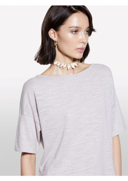 Keten Karışımlı Bisiklet Yaka Oversize T-Shirt Kadın Gri T-Shirt - 325P105GM106H indirimleri