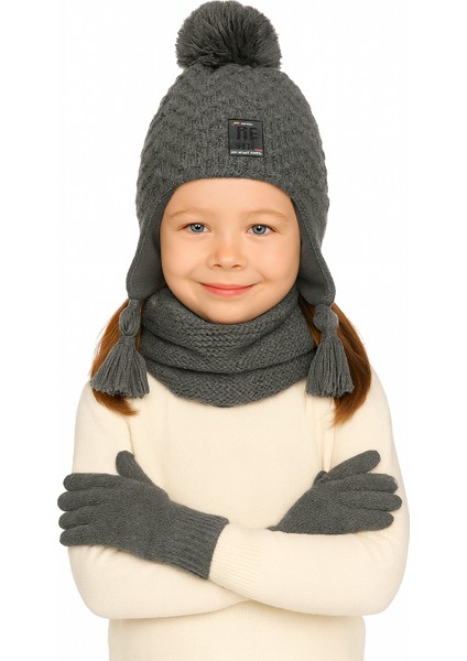 Unisex 4-8 Yaş Çocuk Ponponlu Bere Atkı Eldiven 3'lütakım