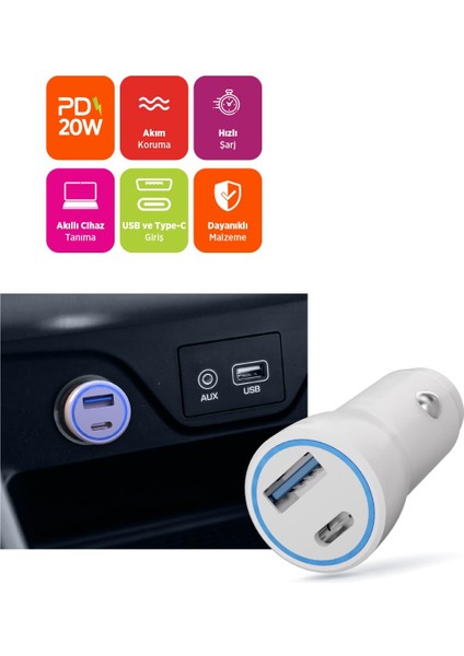 PSM133 20W Pd Hızlı Araç Şarj Cihazı Type-C + USB Çıkış Çift Port Akıllı Şarj Beyaz fiyatları