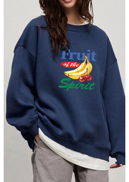 Kadın Meyve Baskılı Içi Şardonlu Bisiklet Yaka Oversize Sweatshirt
