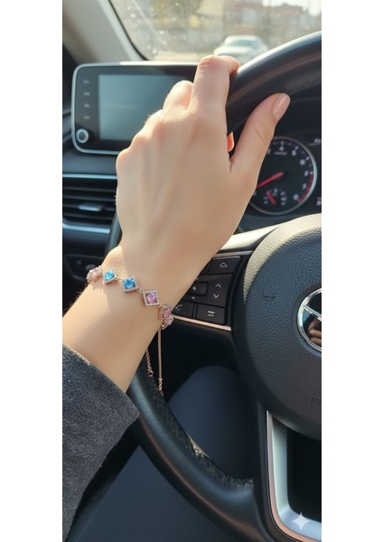 925 Ayar Papatya Silver Kedi Gözlü Taşlı Ithal Bileklik.rose.gold.rodaj