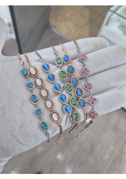 925 Ayar Papatya Silver Kedi Gözlü Taşlı Ithal Bileklik.rose.gold.rodaj modelleri