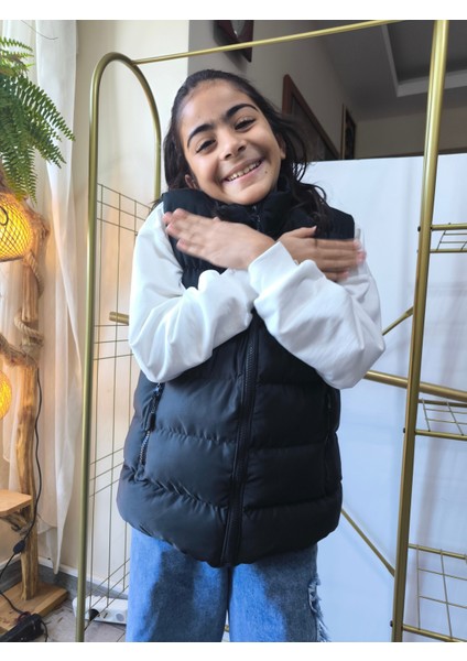 kız-Erkek Çocuk Şişme Yelek Astarlı Fermuarlı Cepli Su Tutmaz Rüzgar Kesici Isı Yalıtımlı Siyah