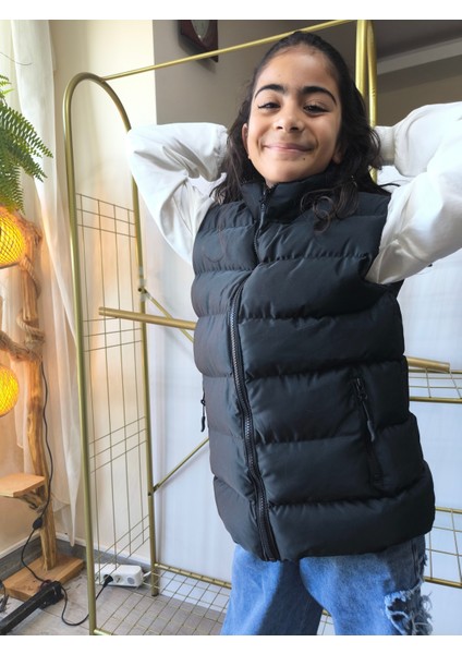 kız-Erkek Çocuk Şişme Yelek Astarlı Fermuarlı Cepli Su Tutmaz Rüzgar Kesici Isı Yalıtımlı Siyah modelleri