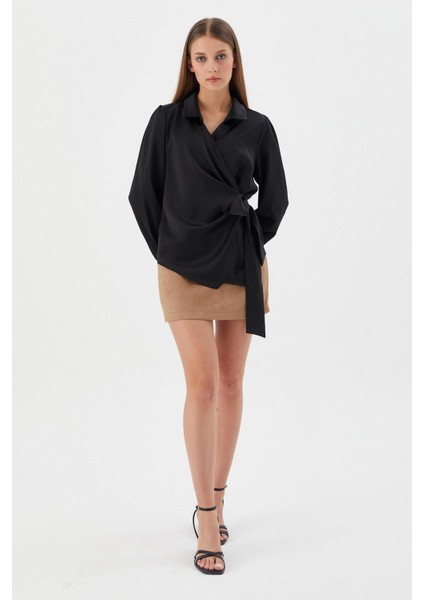 Yanı Bağlamalı Saten Bluz Sıyah fiyatları
