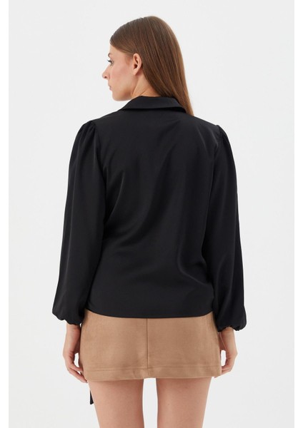 Yanı Bağlamalı Saten Bluz Sıyah indirimleri