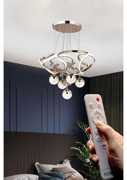 Galaksi Beş Toplu Üç Renk Kumandalı Altın Gold Renk Ledli Avize