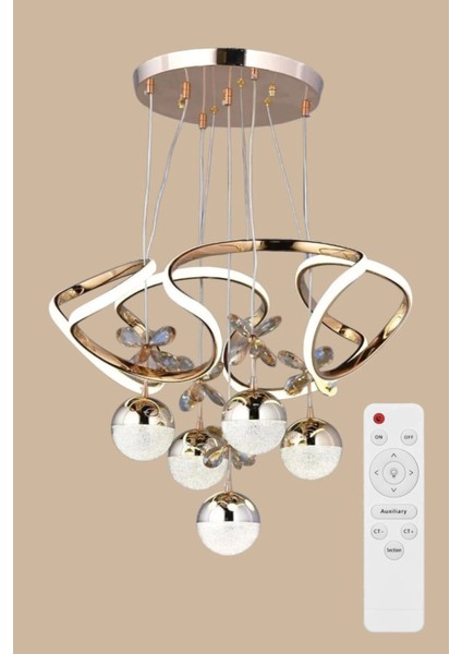 Galaksi Beş Toplu Üç Renk Kumandalı Altın Gold Renk Ledli Avize modelleri