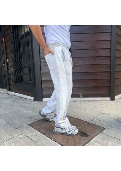 Erkek Üç Iplik Kışlık Pamuklu Yandan Garneli Kalın Bej Şeritli Cepli Eşofman Altı - Gri fiyatları