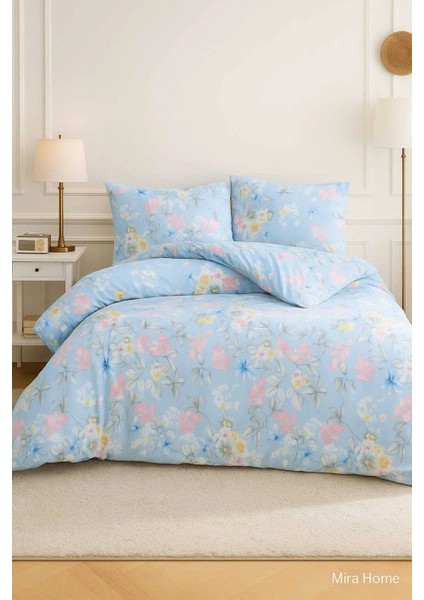 Çift Kişilik Pamuklu Nevresim Takımı Mavi Çiçek Desenli