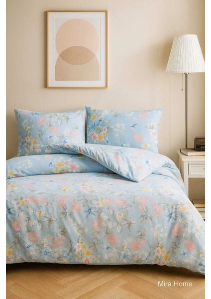Çift Kişilik Pamuklu Nevresim Takımı Mavi Çiçek Desenli fiyatları