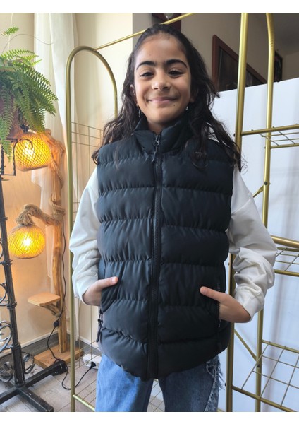 kız-Erkek Çocuk Şişme Yelek Astarlı Fermuarlı Cepli Su Tutmaz Rüzgar Kesici Isı Yalıtımlı Siyah indirimleri