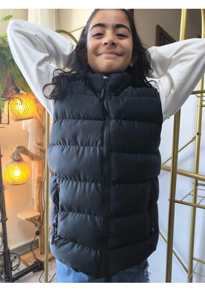 kız-Erkek Çocuk Şişme Yelek Astarlı Fermuarlı Cepli Su Tutmaz Rüzgar Kesici Isı Yalıtımlı Siyah