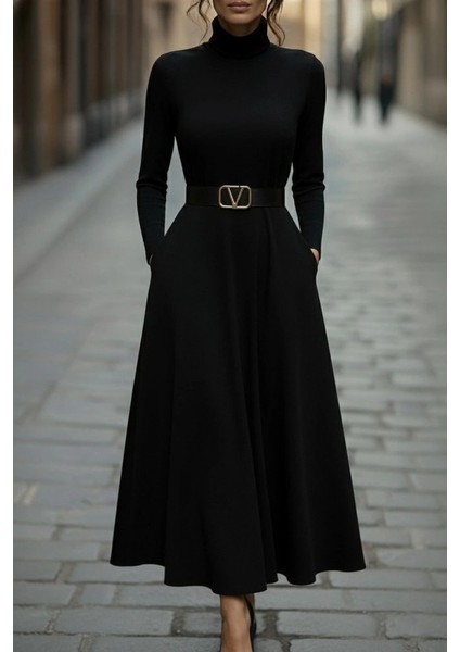 Kadın Uzun Kollu Balıkçı Yaka Uzun Akrilik Elbise