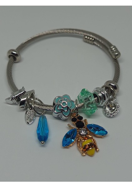 Mavi Kelebek Charm Çelik Kelepçe Bileklik