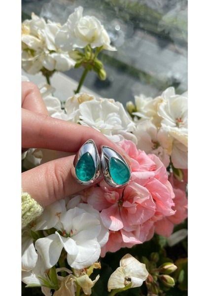 Paraiba Taşlı Damla Model Küpe Yeşil Küpe Trend Kibar ve Zarif Küpe Sevgiliye Hediye Küpe