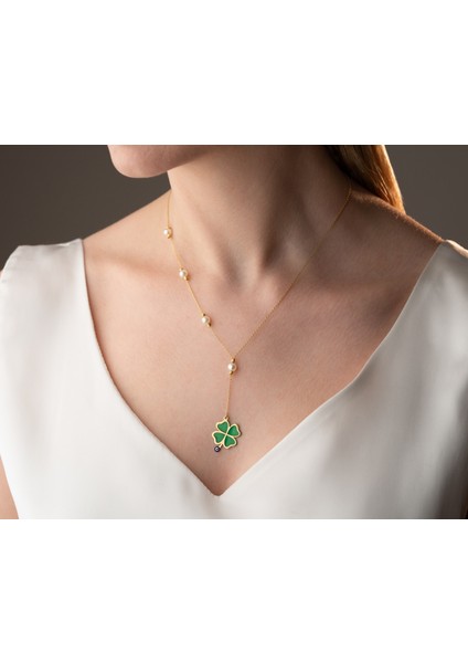 925 Ayar Papatya Silver Yeşil Yonca Y Kolye<yeşil Yonca Incili Kolye<rose,gold,rodaj>